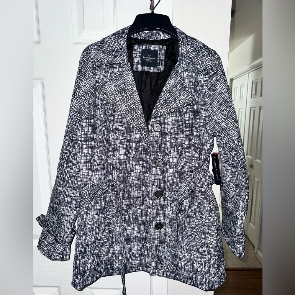 Faded Glory Women's L Black White Print Belted Lightweight Trench Coat Jacket - Picture 2 of 16